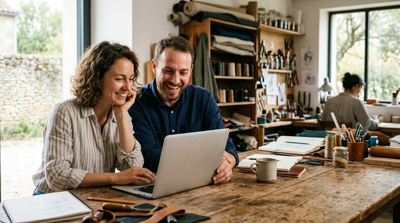 Un homme et une femme souriants devant un ordinateur portable, dans un atelier