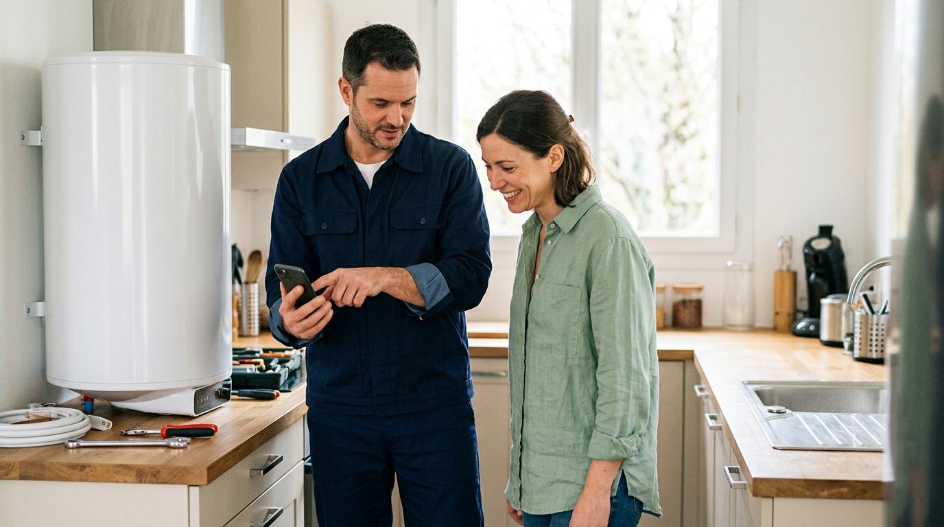 Un plombier montre son téléphone à sa cliente, dans une cuisine