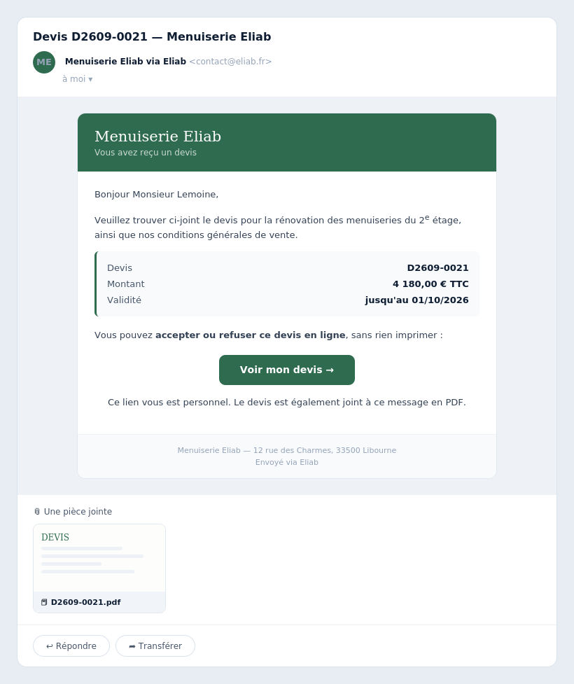 Courriel reçu par le client