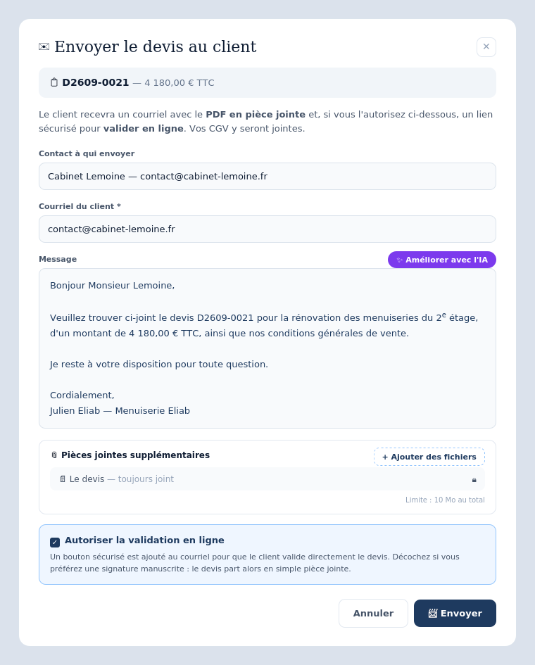 Envoi du devis au client